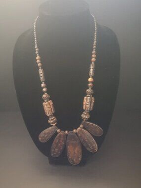 Vintage African Tribal Hand Carved Horn Beads & Mixed Material Beaded Necklace